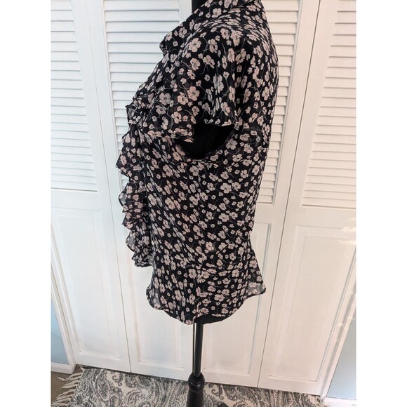 CHAPS 1978 Top Womens L Black Pink Ruffled Floral Flutter Sleeve Chiffon Blouse - Picture 7 of 13